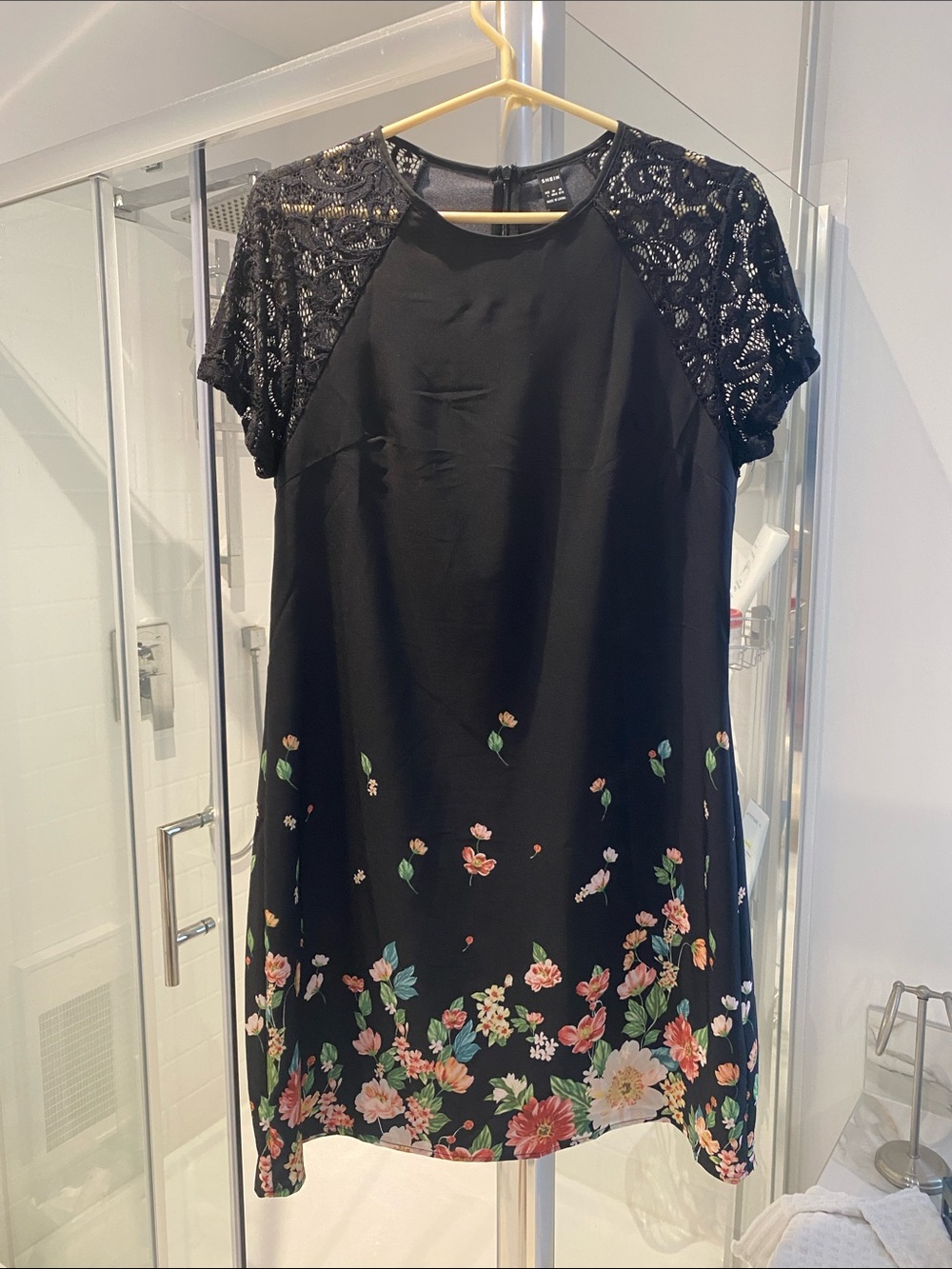 SHEIN Black Mini Dress with Lace Sleeves and Floral Hem